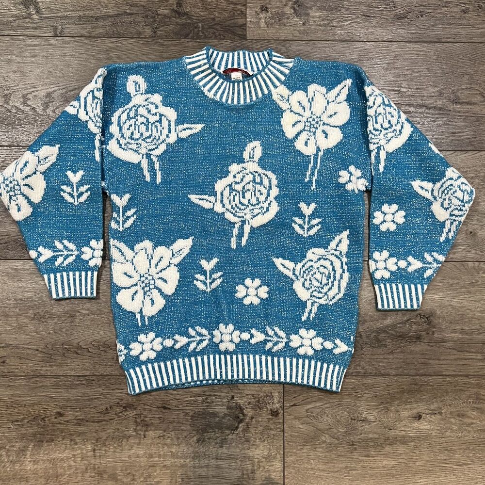 Vintage 80s Glamour Knit Shimmer Rose AOP All Over Print Knit Sweater - Medium